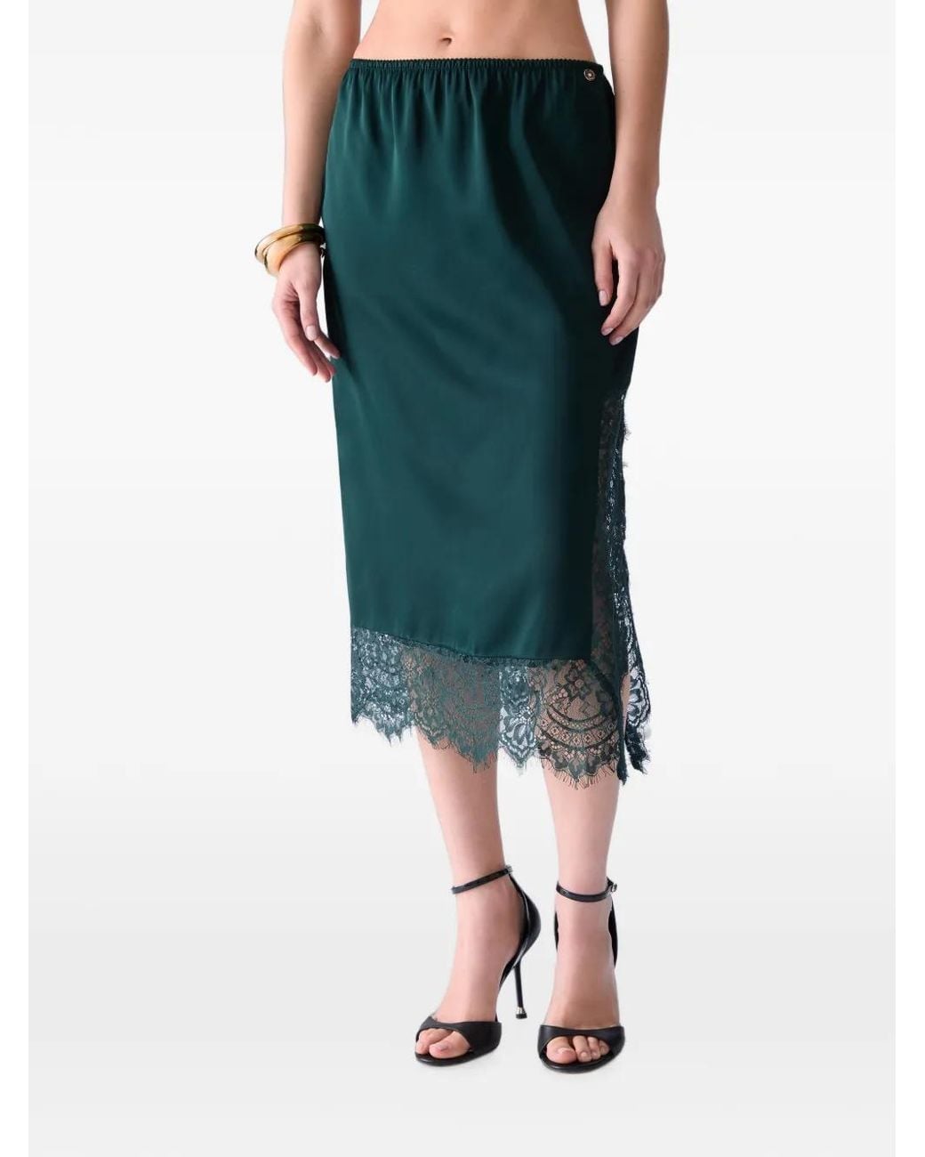 Liu Jo Green Satin Midi Skirt With Valenciennes Lace