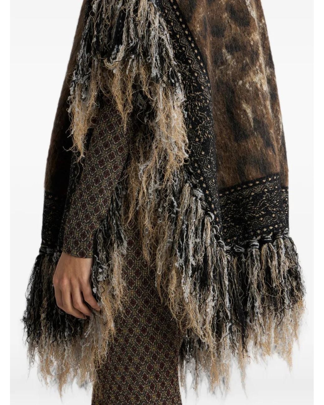 Etro Gray Mohair-Blend Jacquard Cape With Fringing And Leopard-Motif