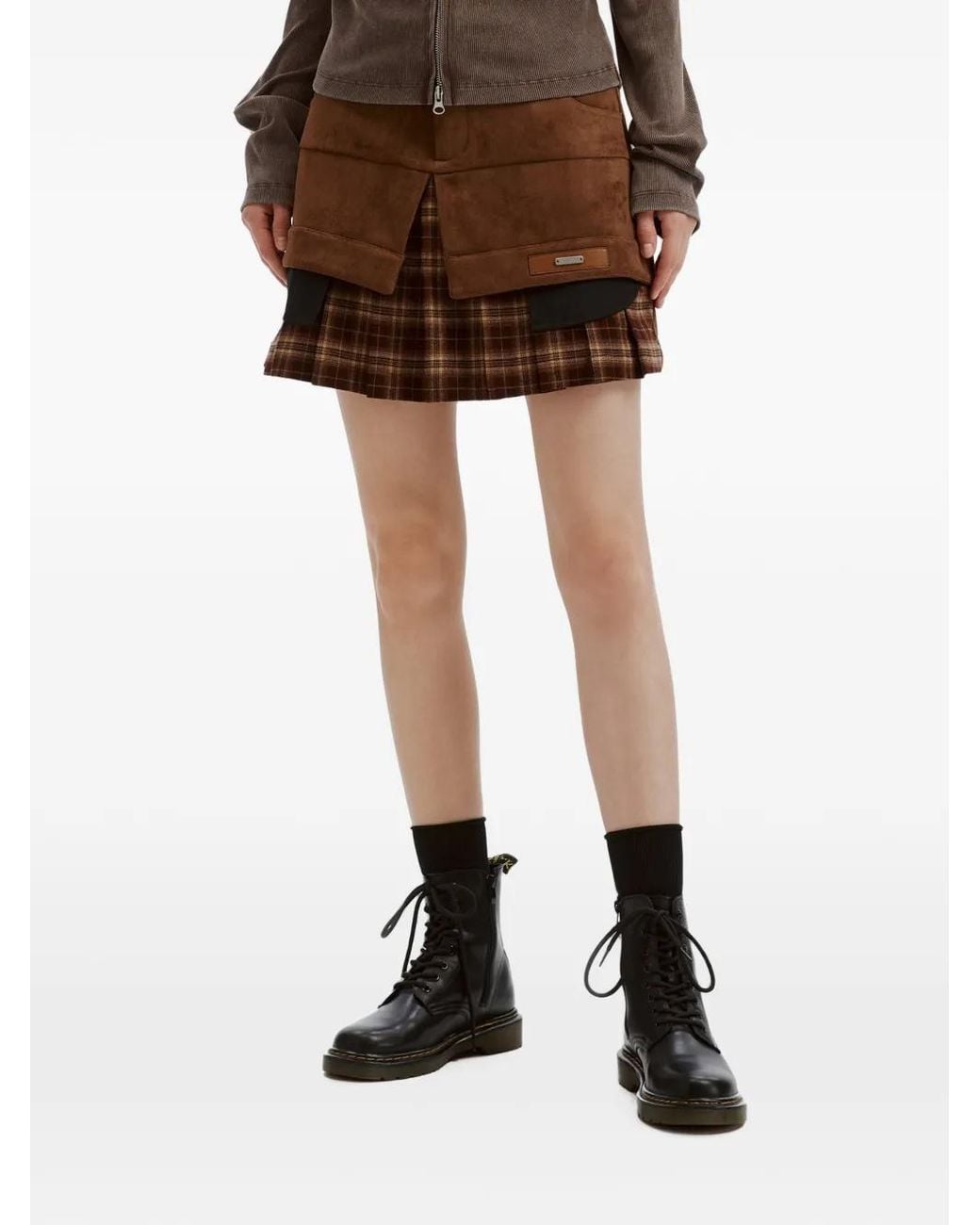 Musium Div. Brown Layered Check-Print Mini Shorts