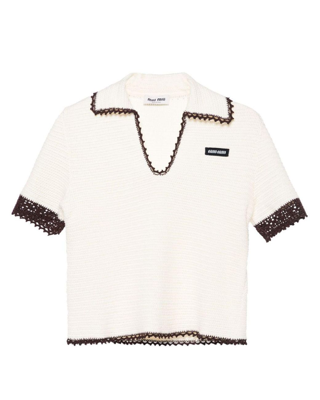 【2plan】Miu Stripe Collar Knit Miu Miu Striped Knitted Polo Shirt | White | FARFETCH