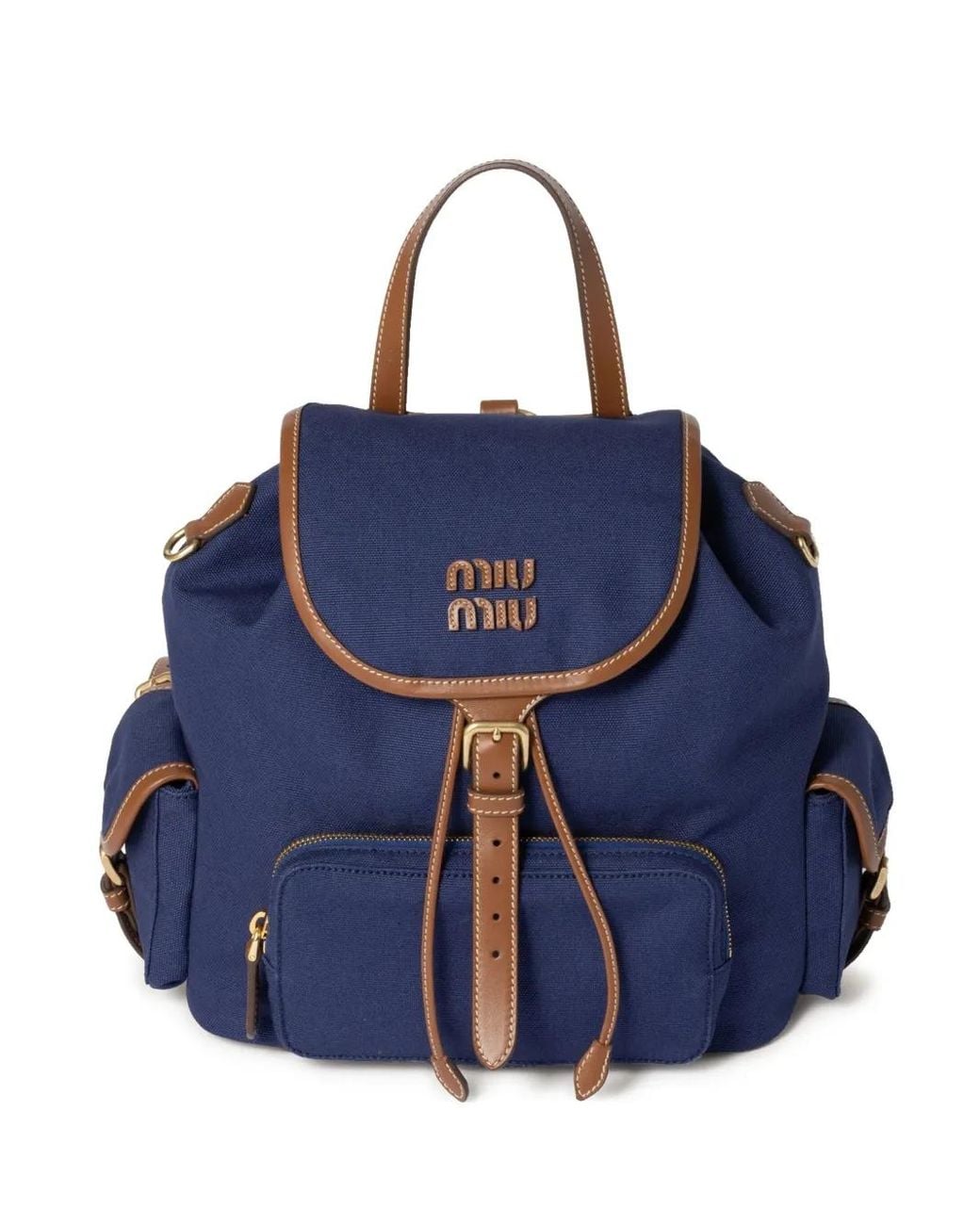 MIU MIU ネイビー キャンバスレザーバックパック Miu Miu Logo-Lettering Backpack in Blue | Lyst