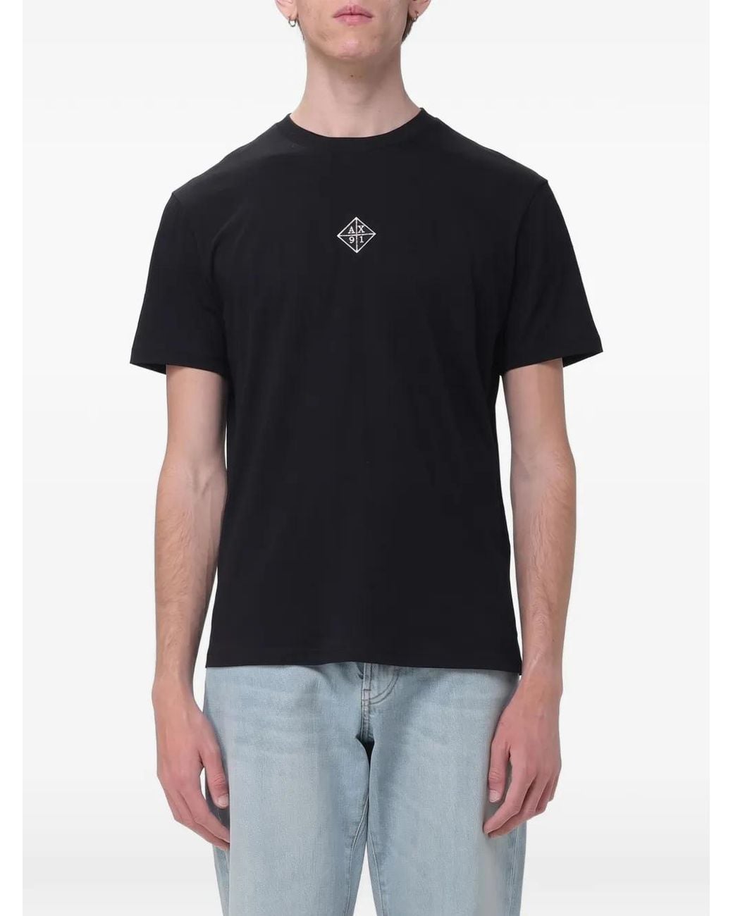 ARMANI EXCHANGE Black Logo-Embroidered Cotton T-Shirt for men