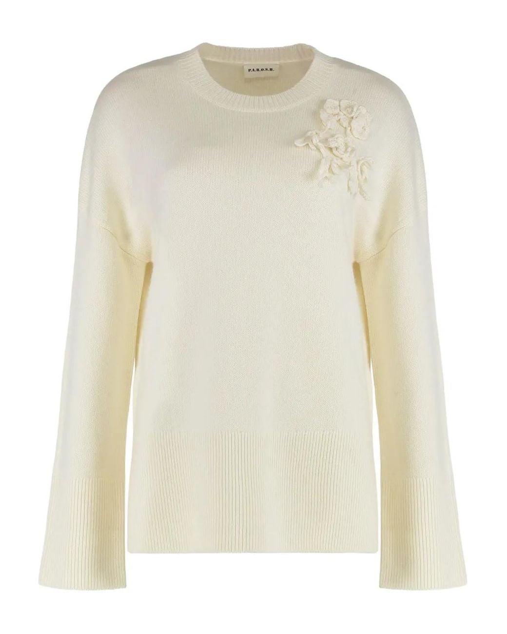 P.A.R.O.S.H. Natural Floral-Appliqué Bell-Sleeve Sweater