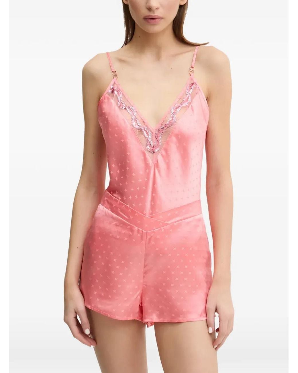 Chantelle Pink Sequin Lace-Trim Pajama Top