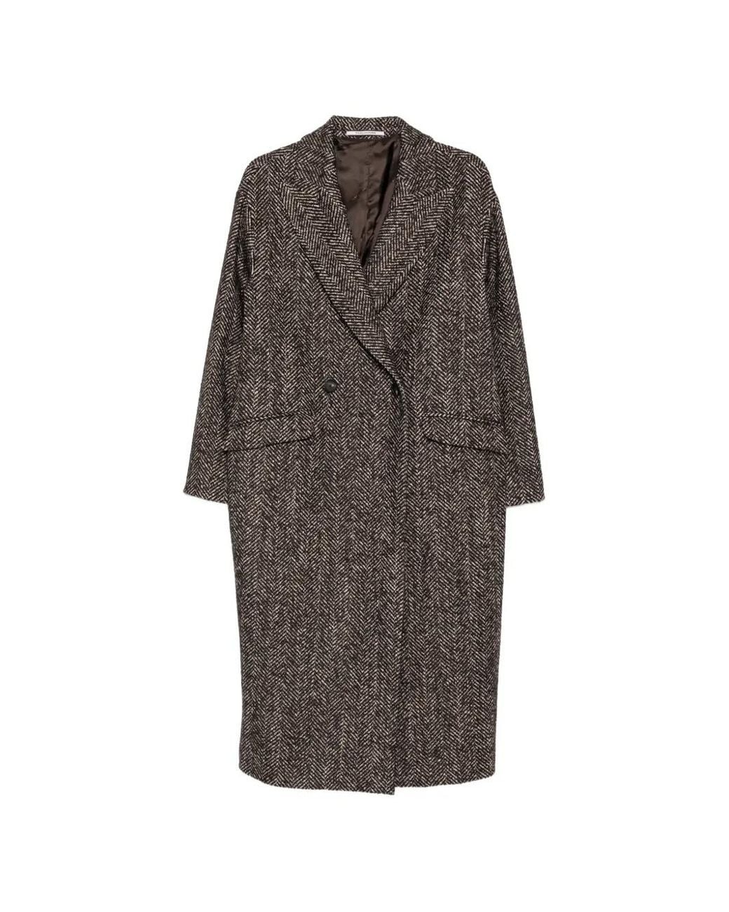 Tagliatore Brown Herringbone-Pattern Double-Breasted Coat