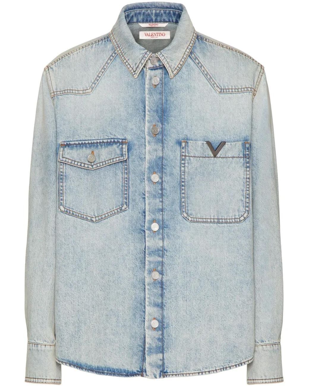 Valentino Garavani Blue V-Detail Denim Shirt for men