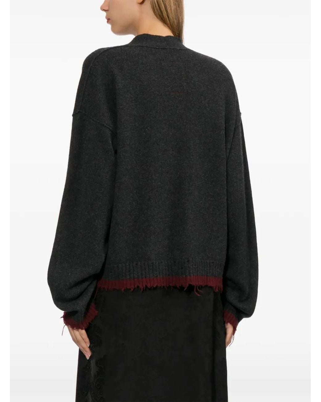 Uma Wang Black Distressed-Effect Ribbed-Trim Cardigan