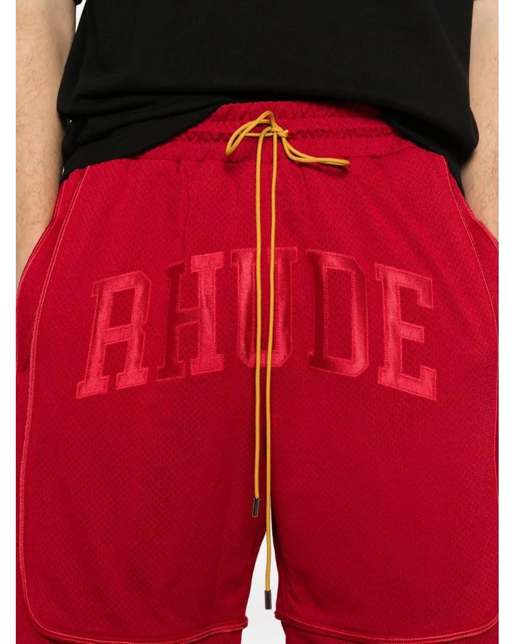 Rhude Red Collegiate Logo Mesh Shorts for men