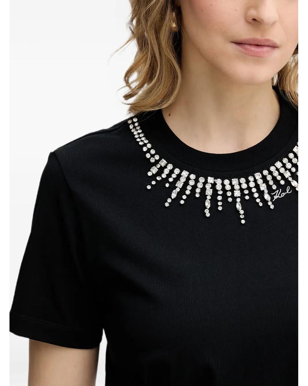 Karl Lagerfeld Black T-Shirt Orné De Cristaux À Logo