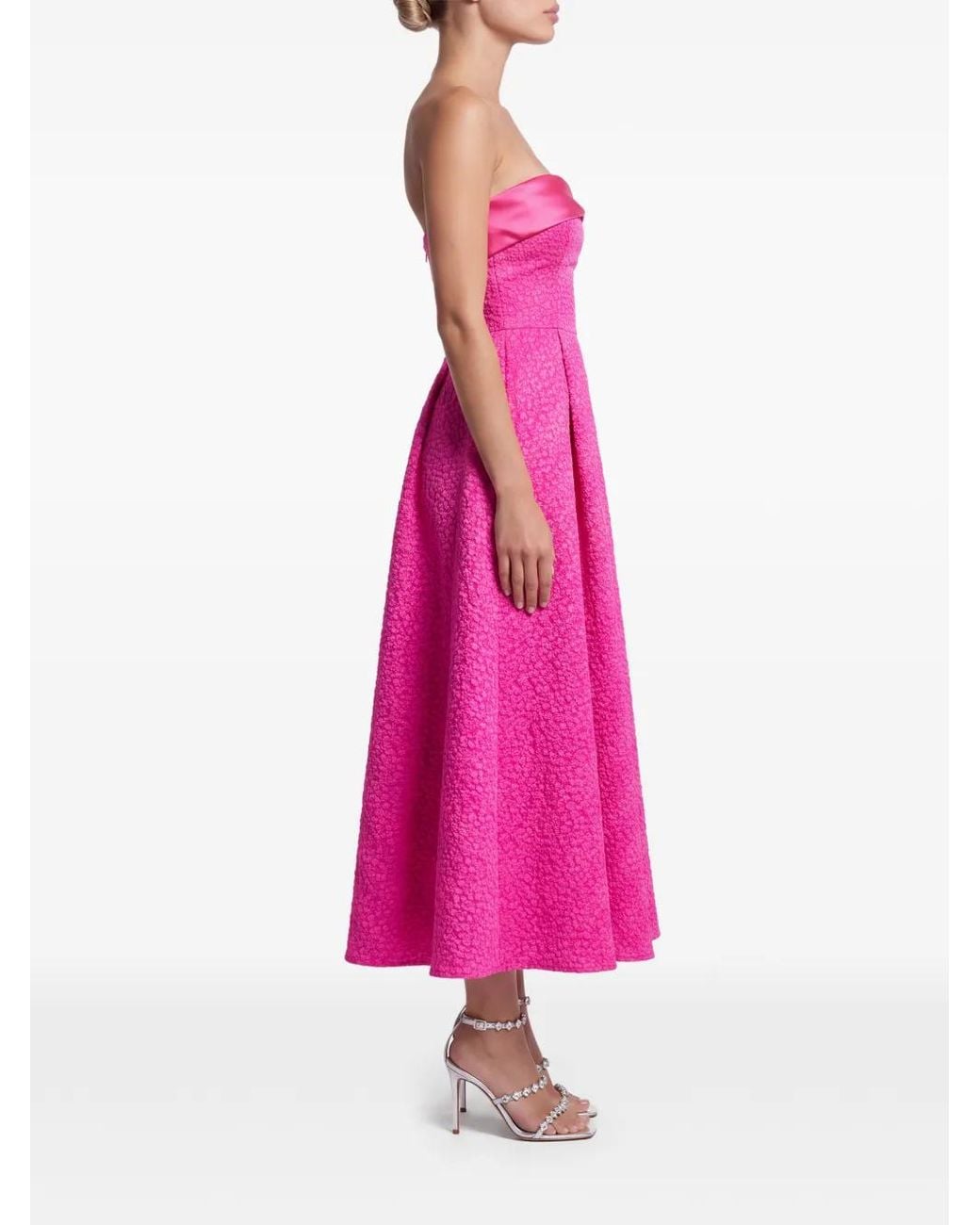 POST MERIDIEM Pink Jacquard Strapless Midi Dress