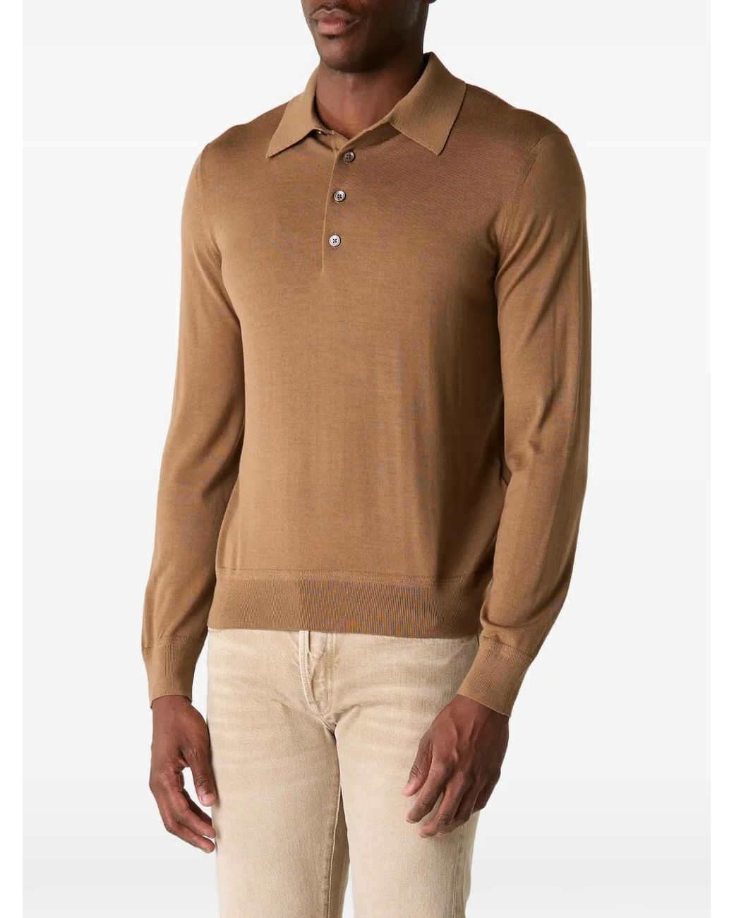 Tom Ford Brown Hazelnut-Colored Wool Knit Long-Sleeved Polo Shirt With Ribbed Trims for men
