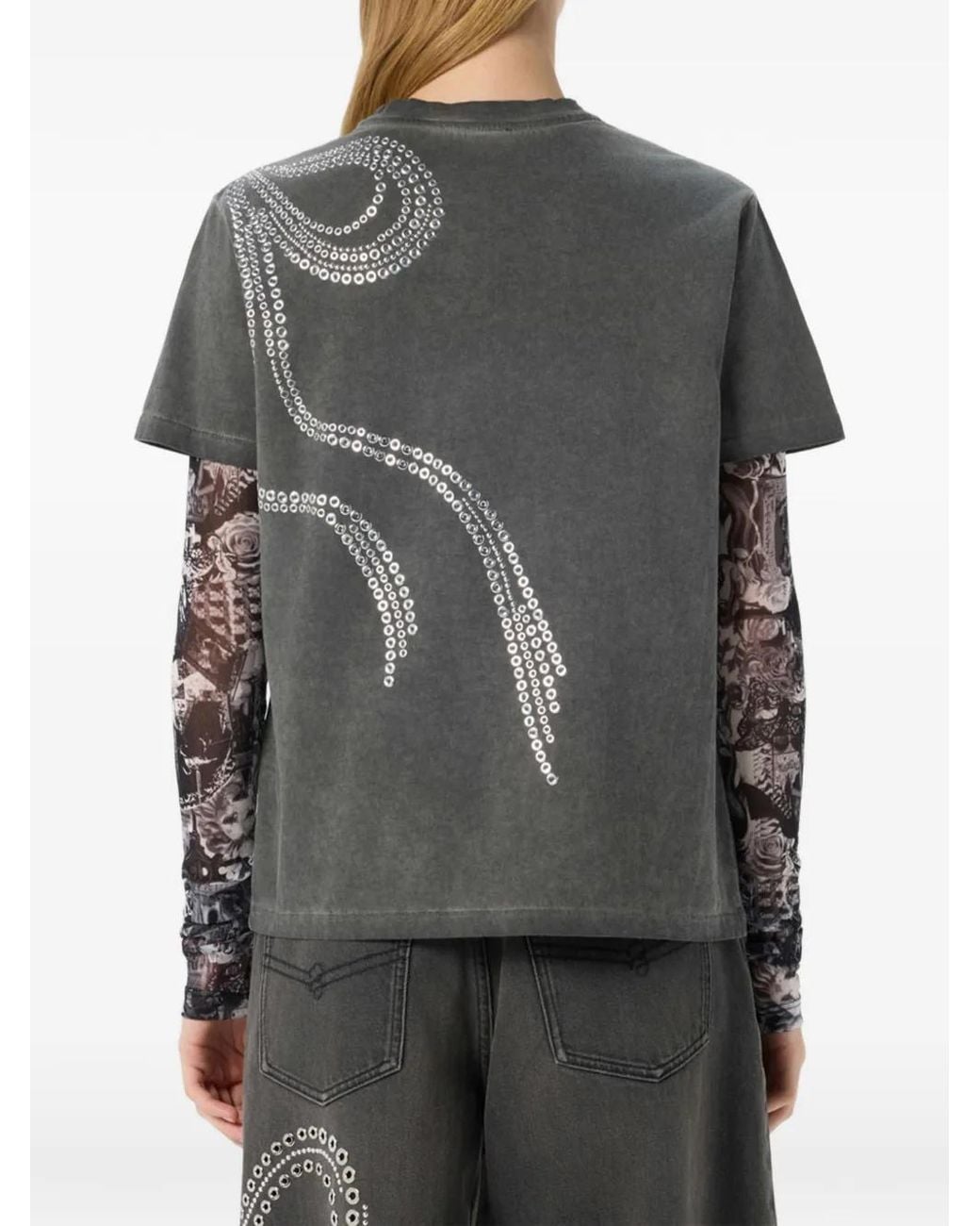 Blumarine Gray Stud-Embellished Eyelet T-Shirt
