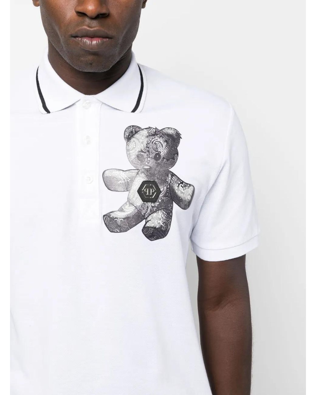 Philipp Plein White Paisley Teddy Bear Polo Shirt for men