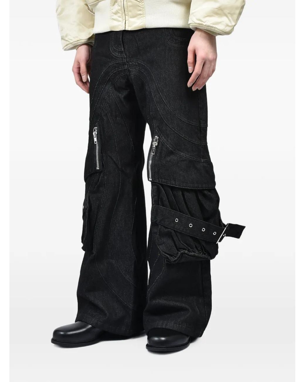 NO/FAITH STUDIOS Black Cargo-Pocket Wide-Leg Jeans for men