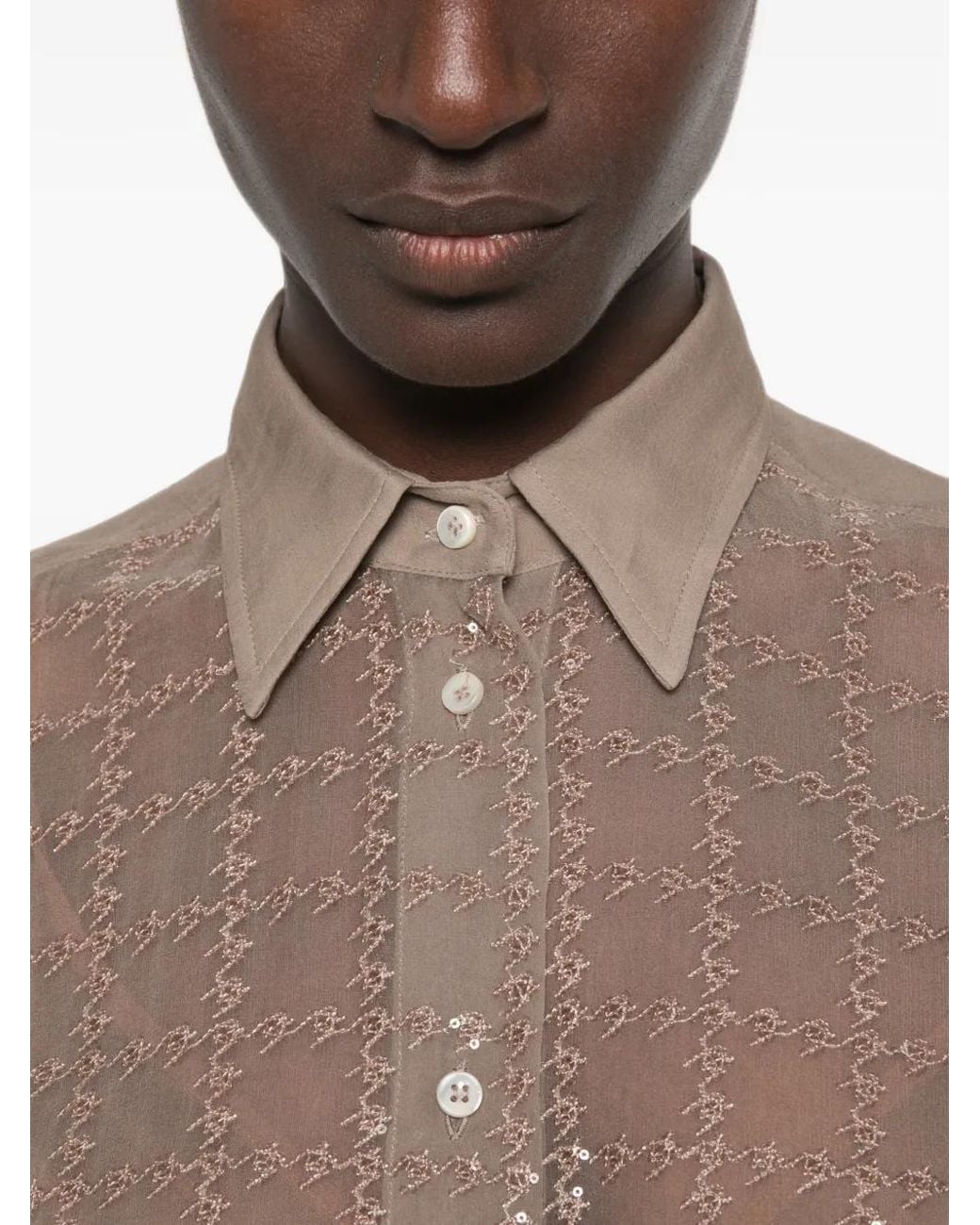 Brunello Cucinelli Brown Sequin-Embellished Semi-Sheer Shirt