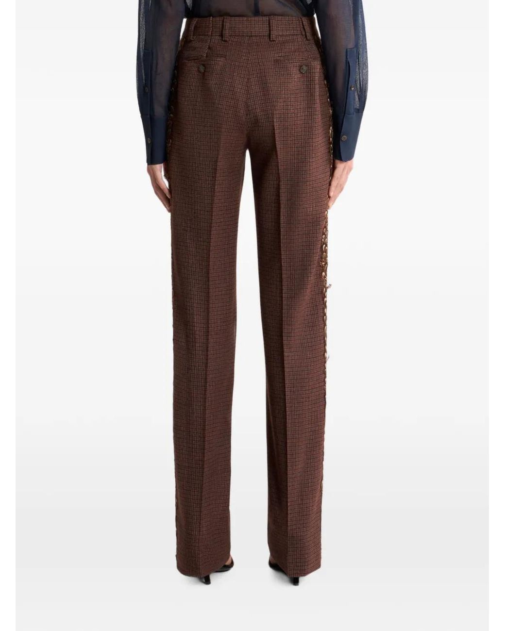 Etro Brown Straight-Leg Wool Trousers With Pheasant Feathers And Micro Houndstooth Motif