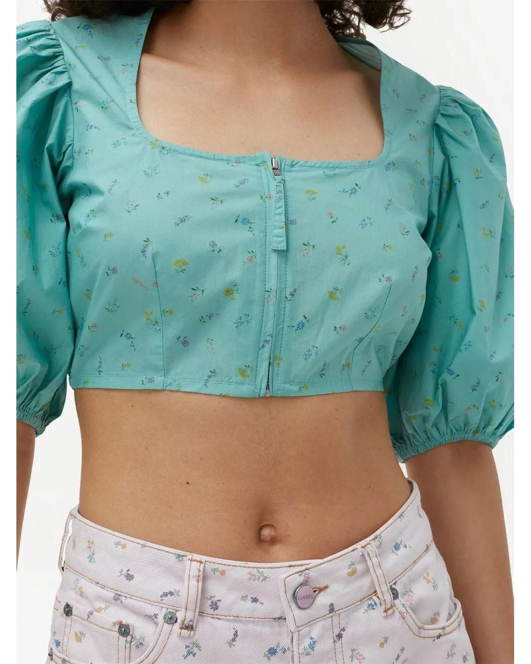 Ganni Blue Blouse Crop À Manches Bouffantes
