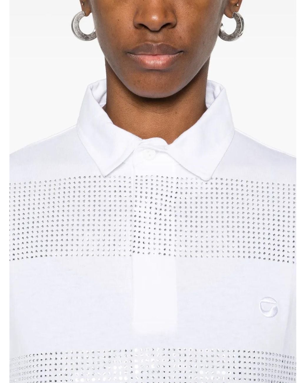 Coperni White Crystal-Striped Polo Shirt