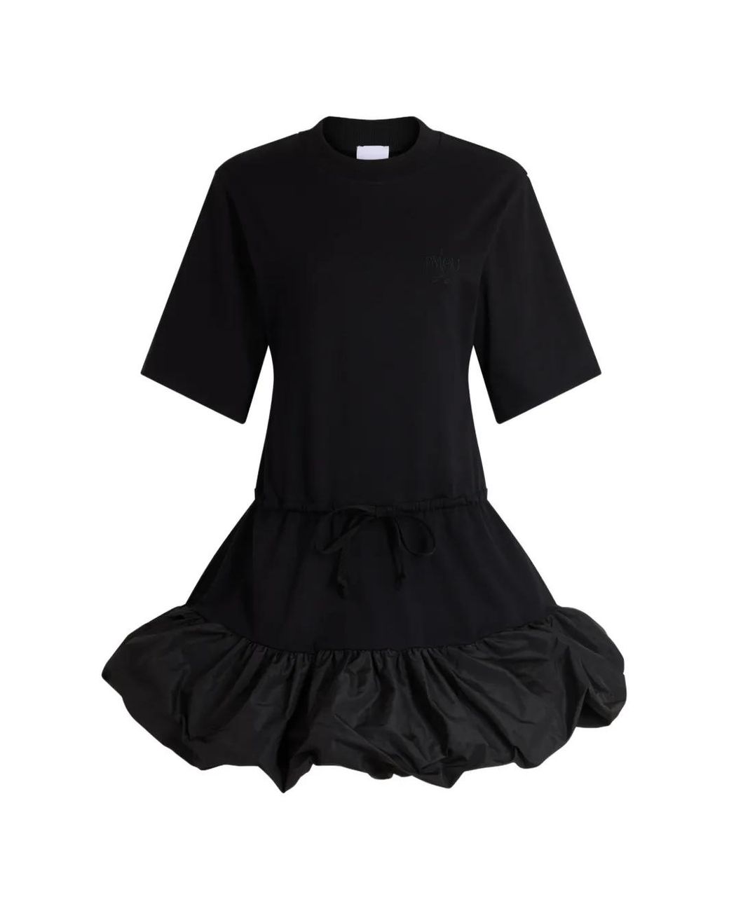 Patou Black Drawstring-Waist Bubble-Hem Mini Dress