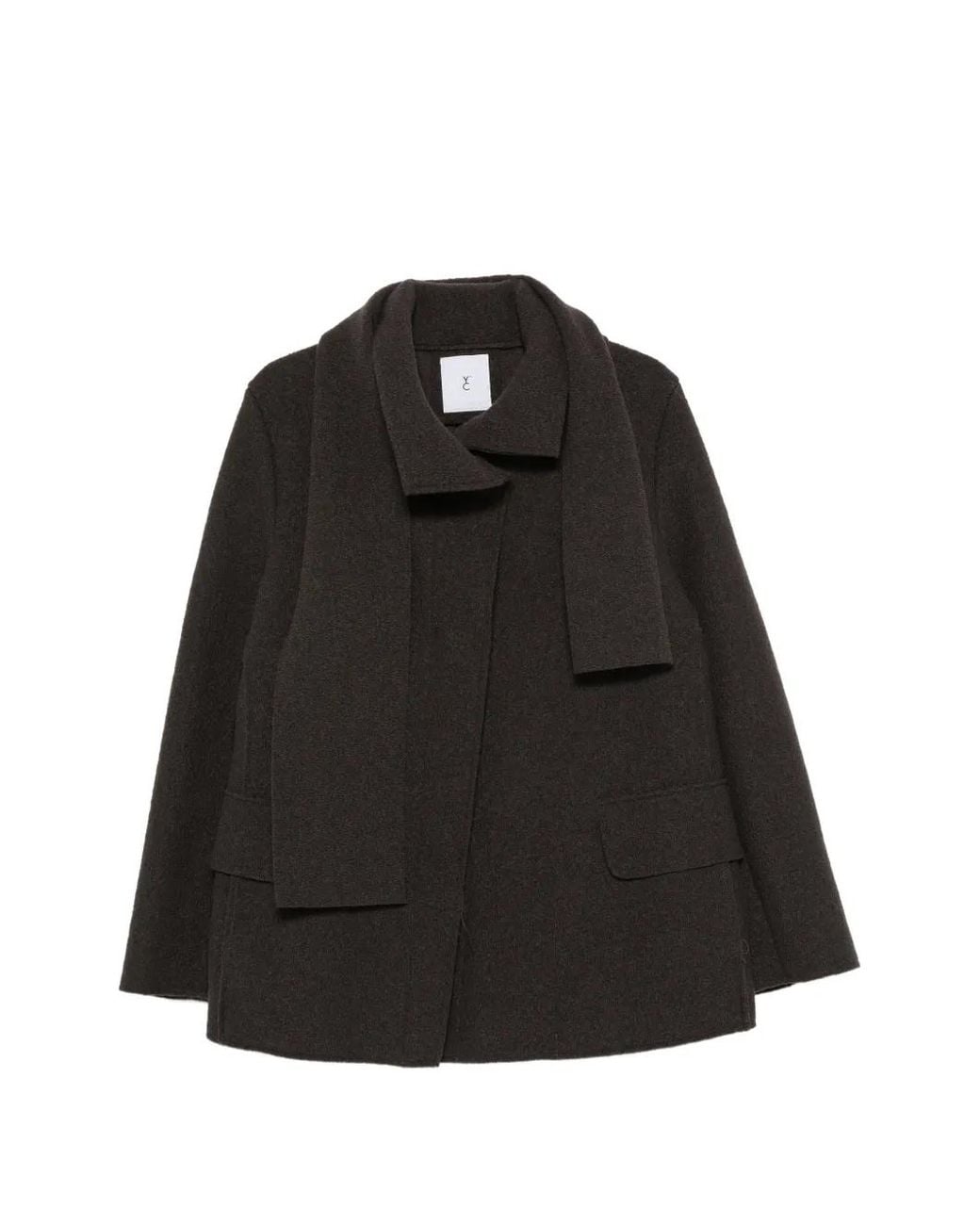 Whyci Black Scarf-Detail Flap-Pocket Coat