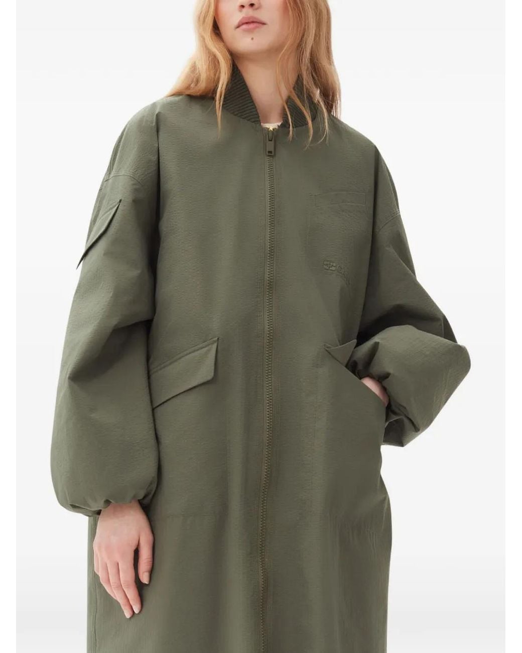Ganni Green Seersucker Shell Coat