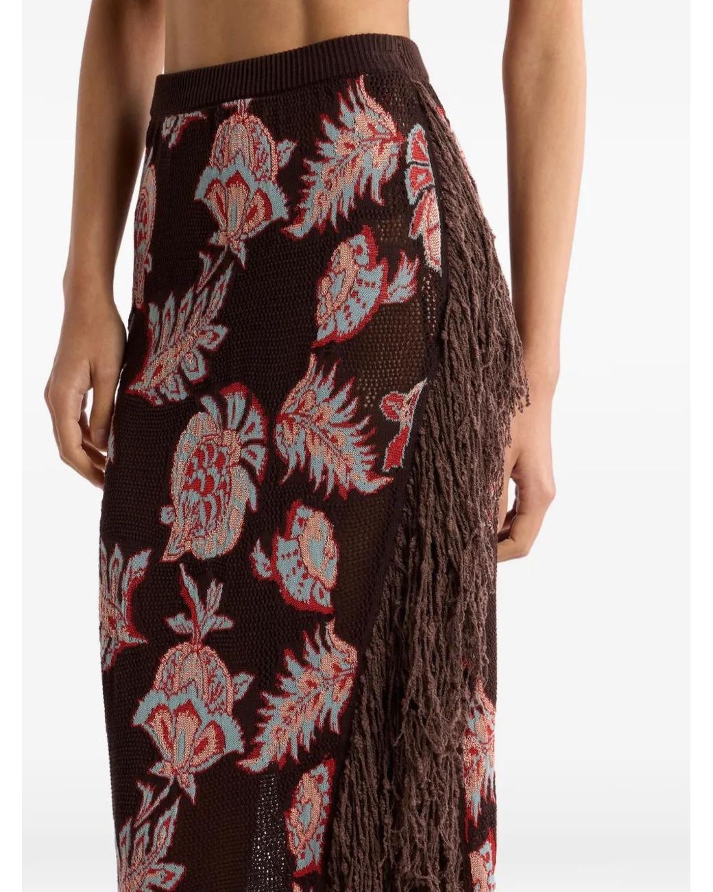 Etro Red Long Cotton Blend Jacquard Skirt With Fringe And Floral Pattern