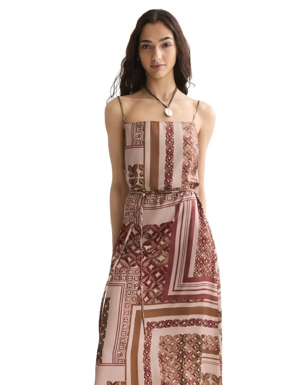 Scotch & Soda Brown Tile-Print Spaghetti-Strap Dress