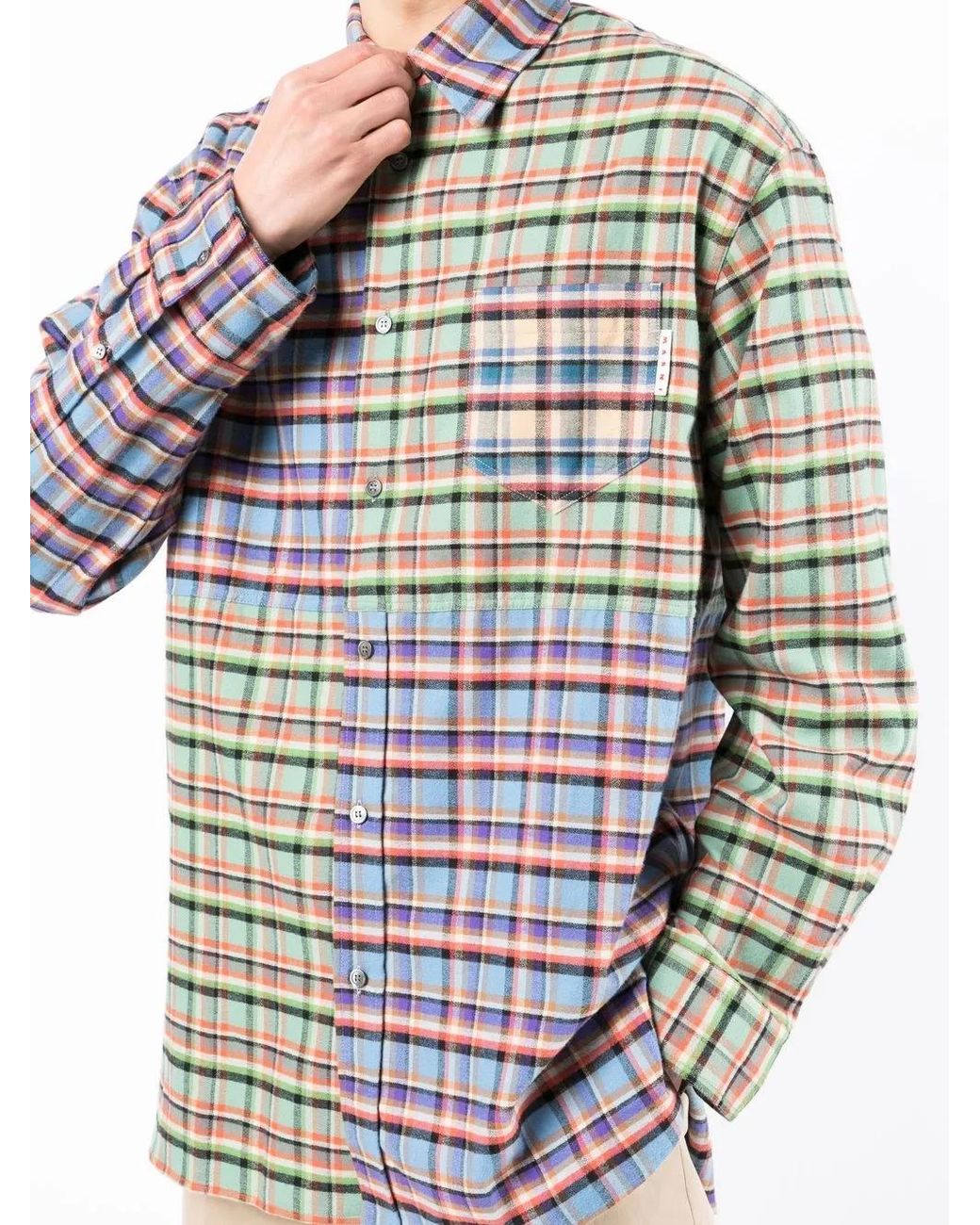 Marni Blue Patchwork Check-Print Oversized Shirt for men