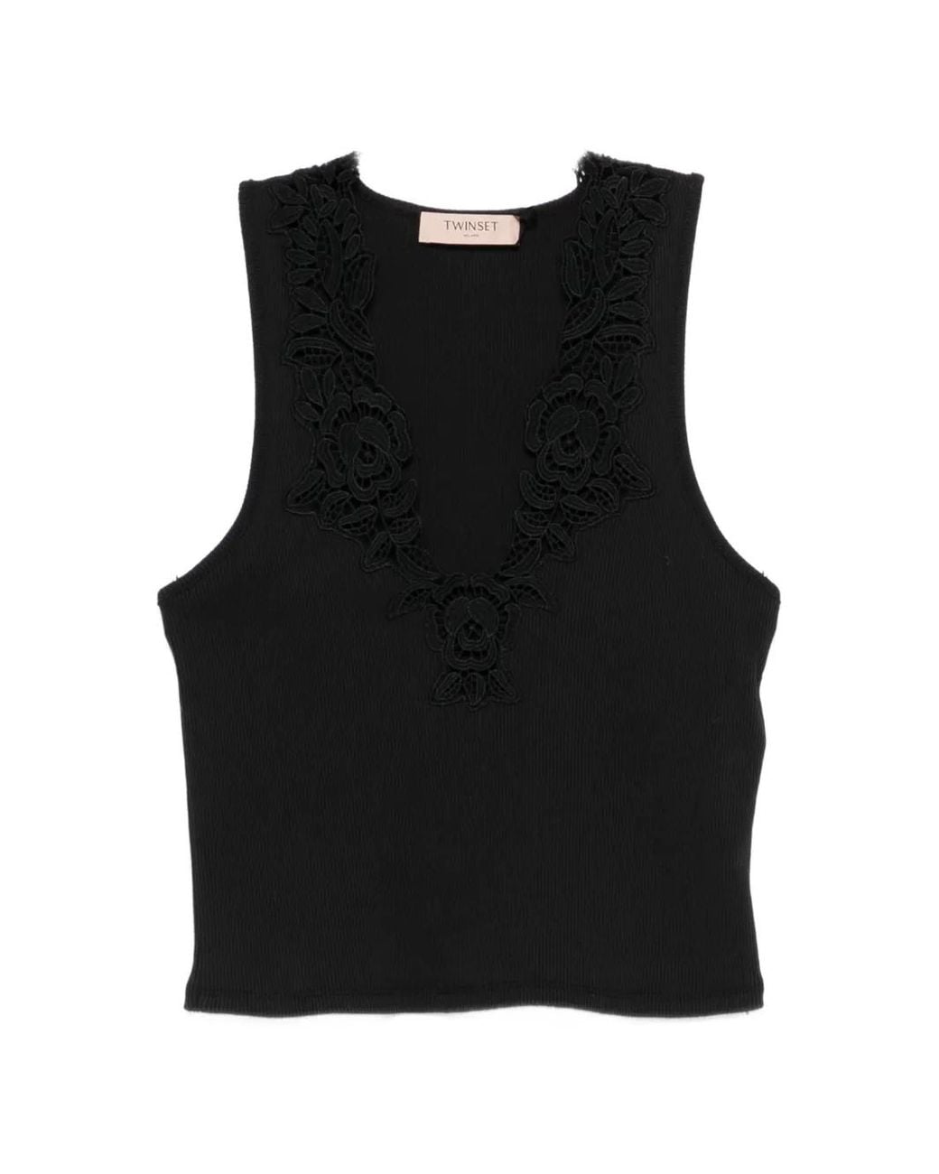 Twinset Black Ribbed Top With Lace