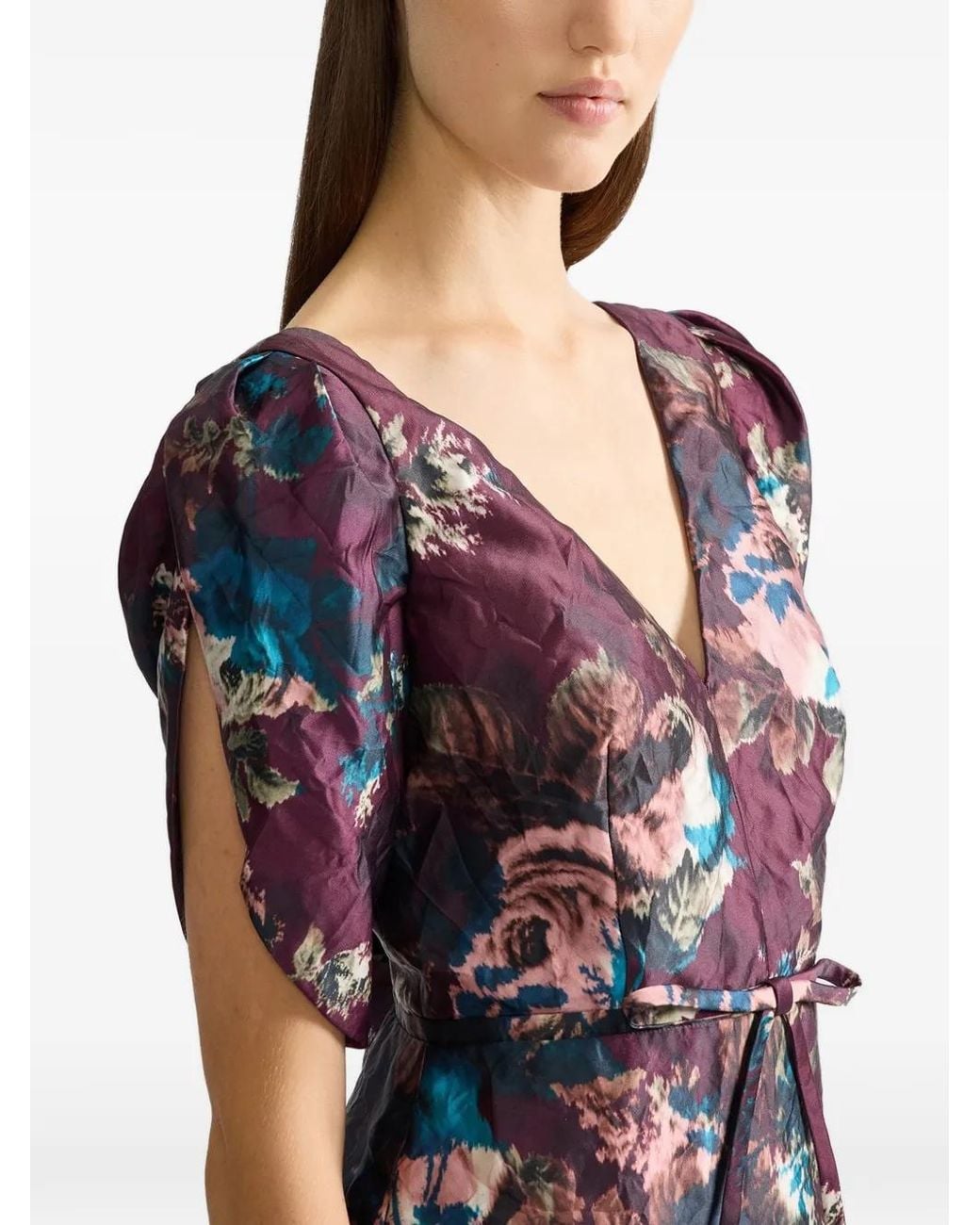 Erdem Purple Midi Floral Textured Satin Dress