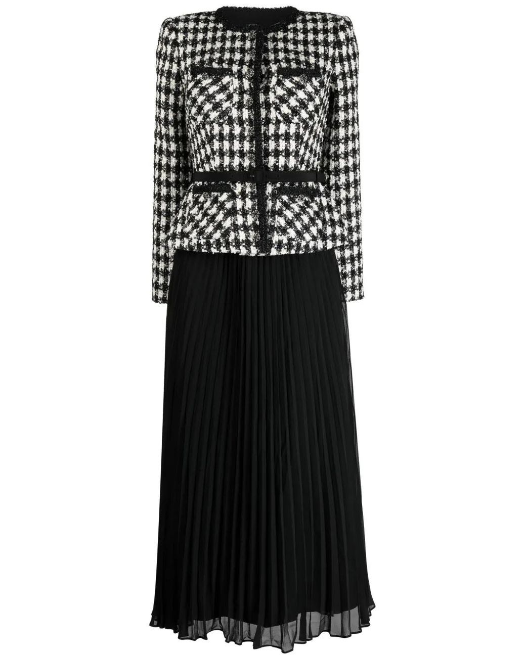 Self-Portrait Black Check Boucle Chiffon Midi Dress | Lyst