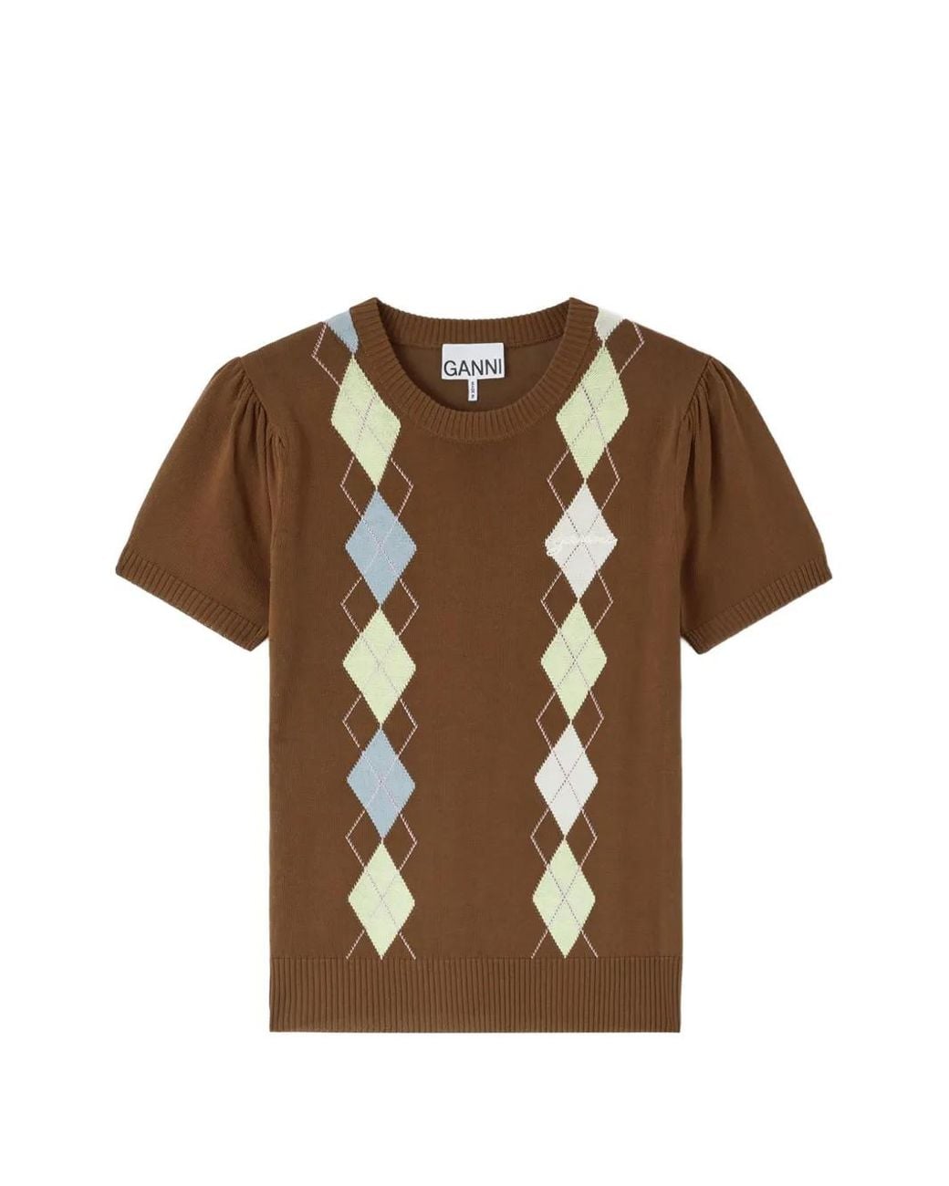 Ganni Brown Cotton Argyle T-Shirt