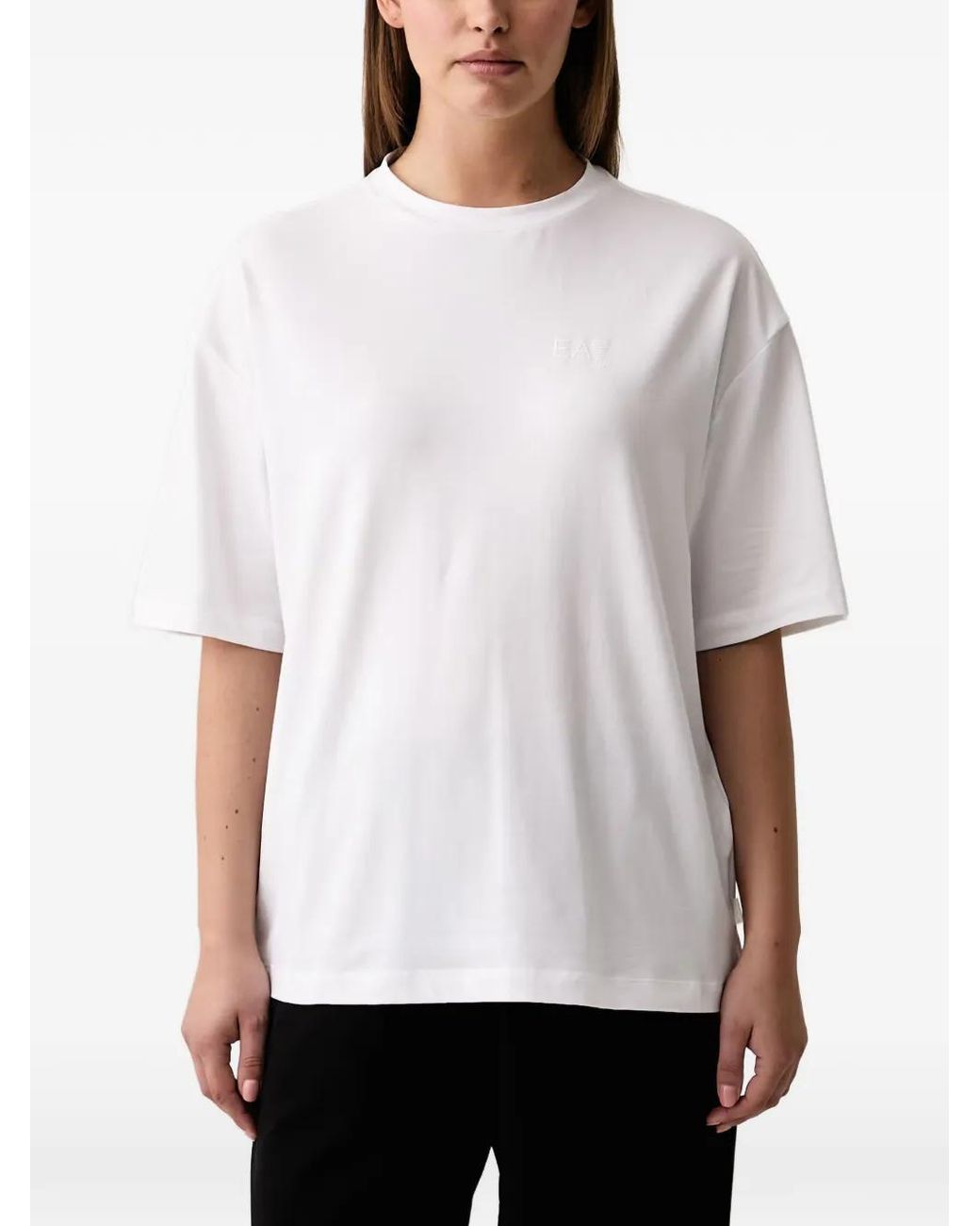 EA7 White Logo-Print Drop-Shoulder T-Shirt