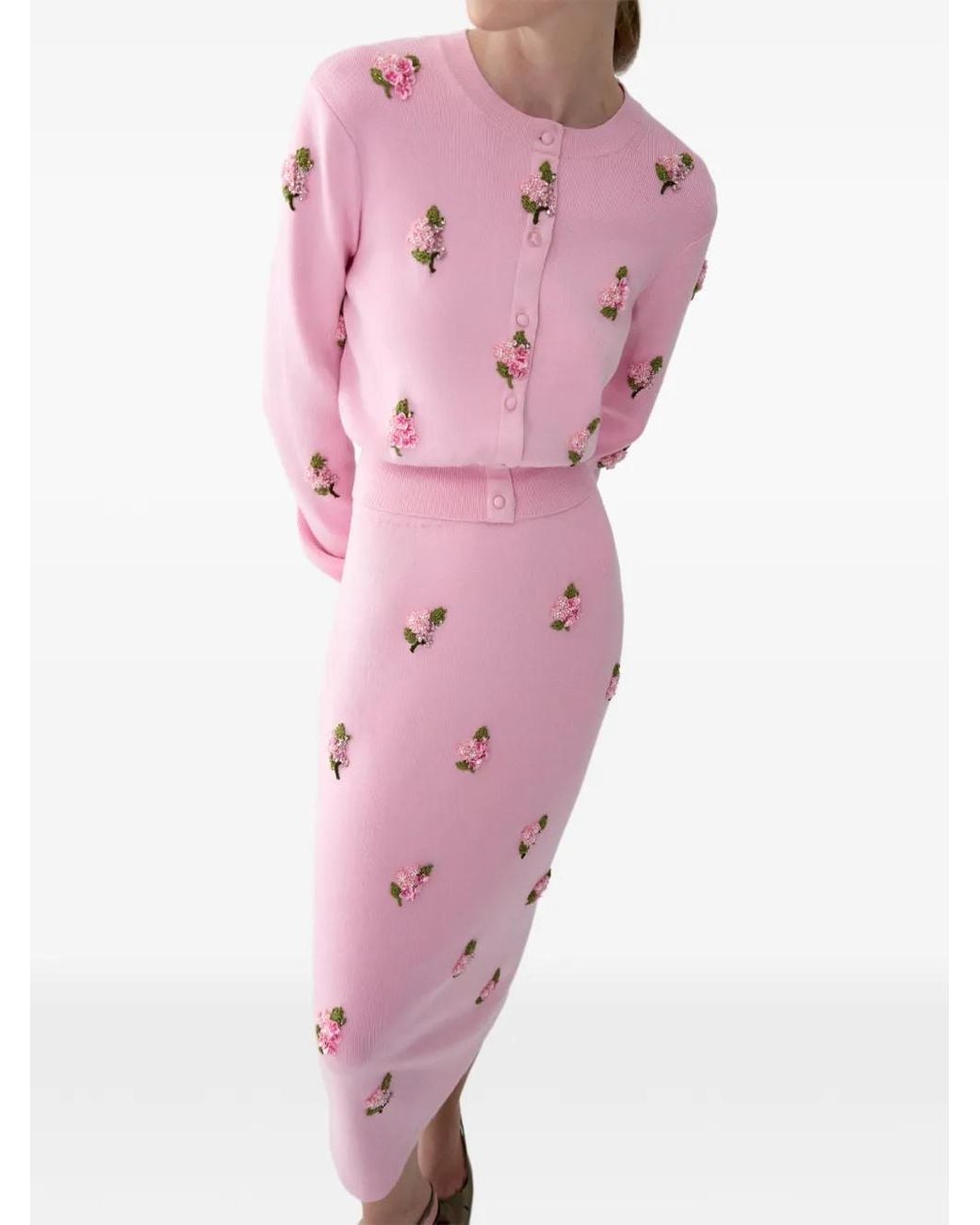 Carolina Herrera Pink Floral-Embroidered Cardigan