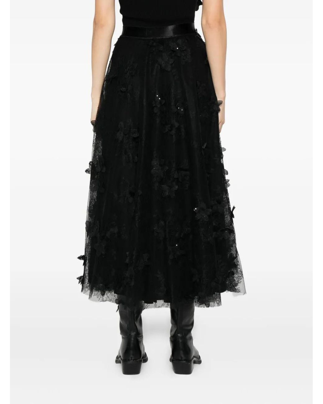 Nissa Black Floral-Lace Tiered Midi Skirt