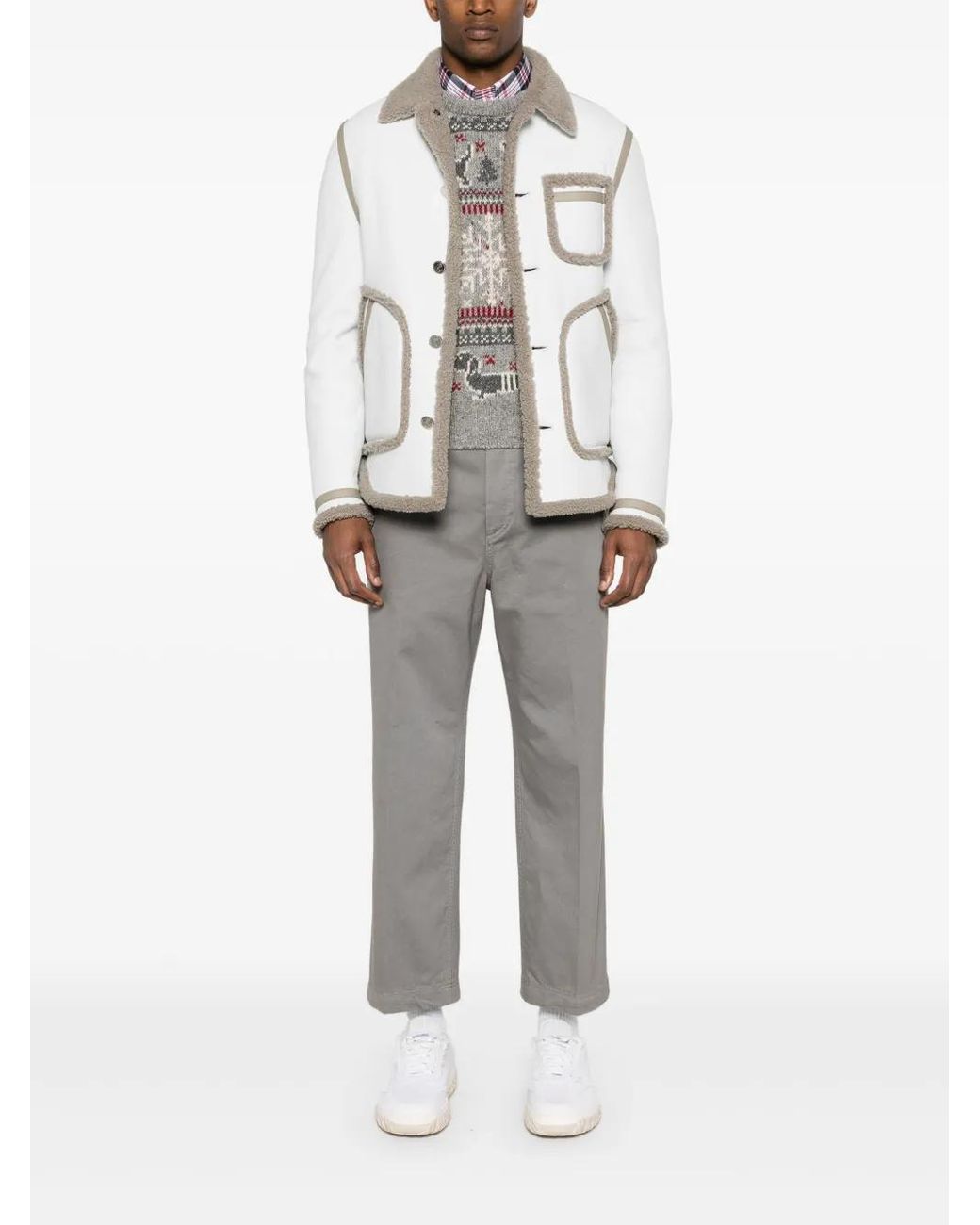 Thom Browne Shearling-Trim Leather Jacket in White for Men | Lyst