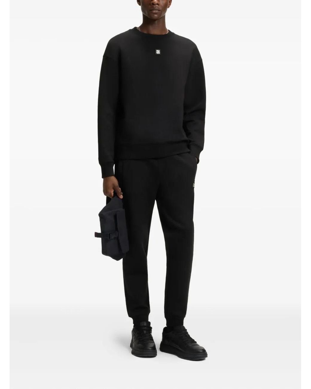 HUGO Black Logo-Patch Drawstring Track Pants for men
