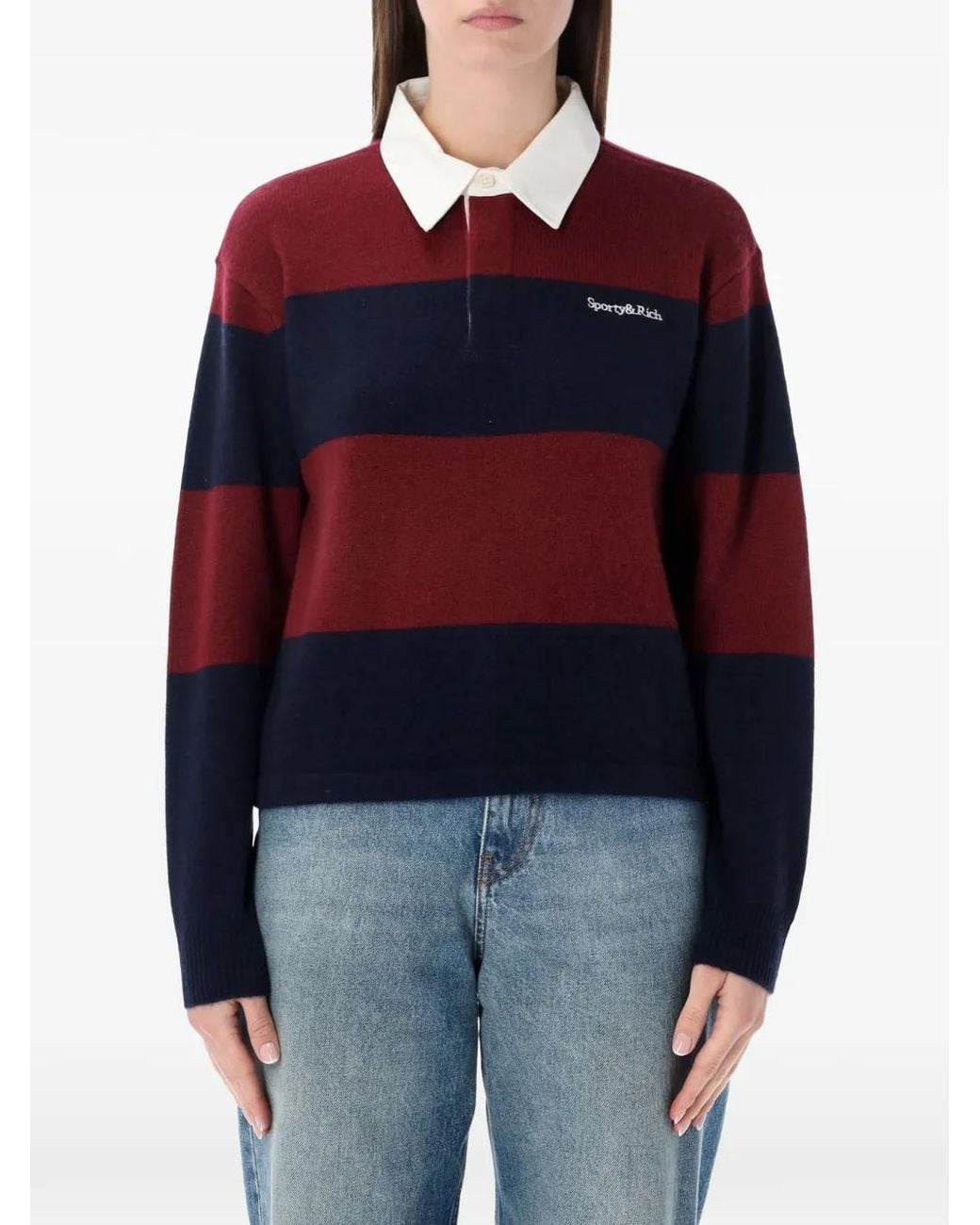 Sporty & Rich Blue Logo-Embroidered Striped-Pattern Polo Top