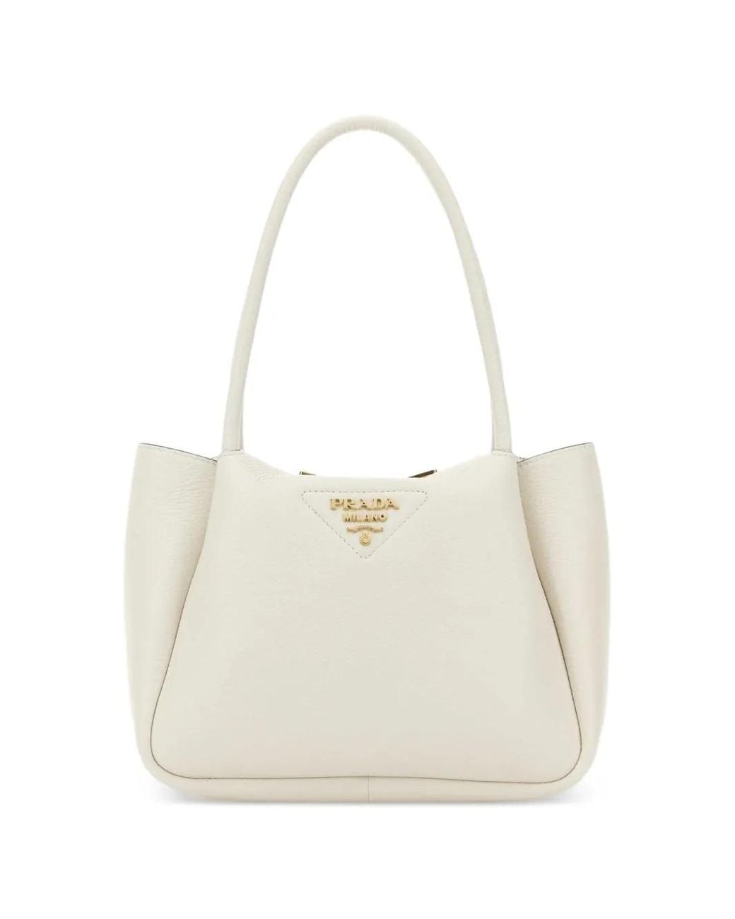 Prada White Small Logo-Plaque Leather Tote Bag