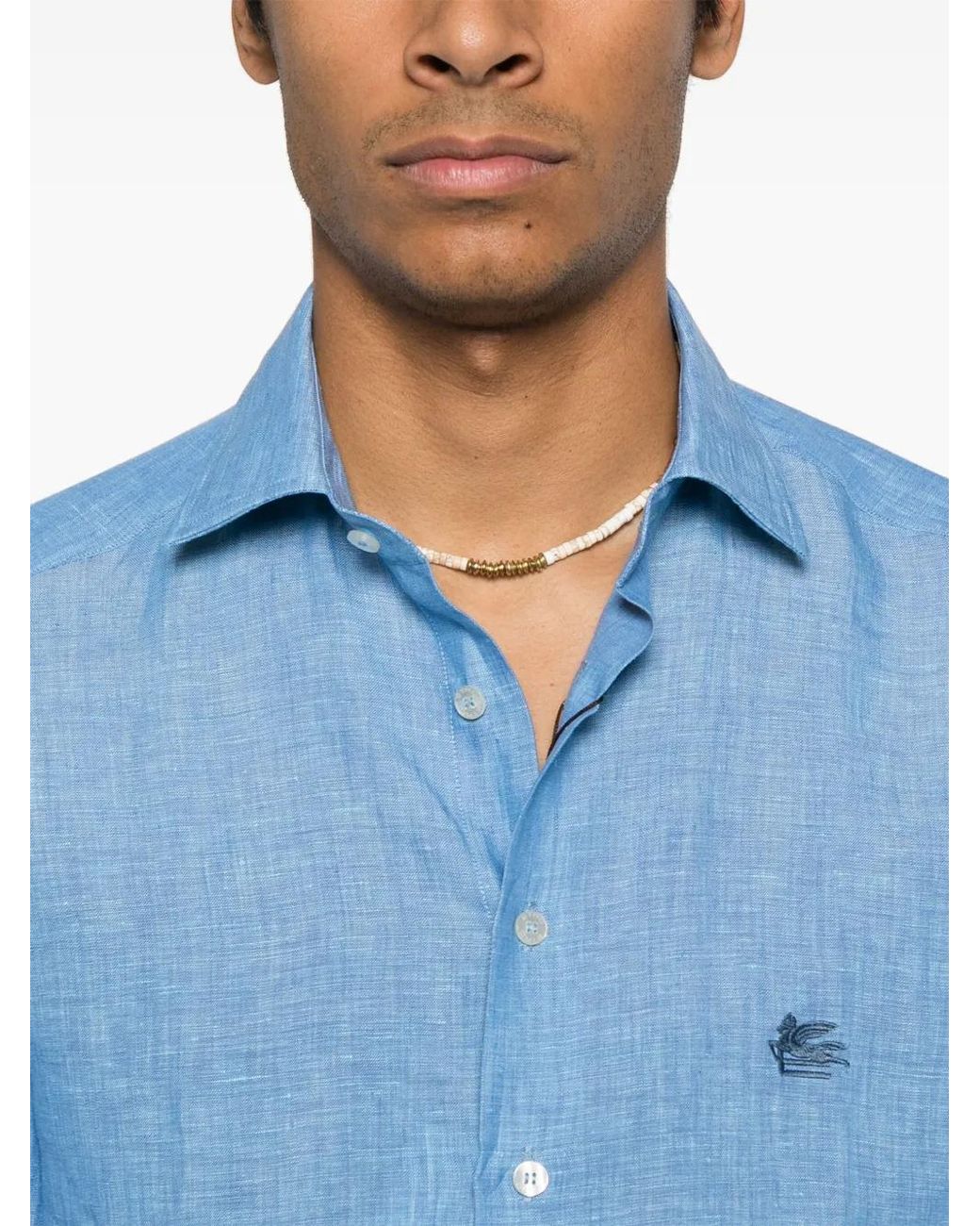 Etro Blue Logo-Embroidered Linen Shirt for men