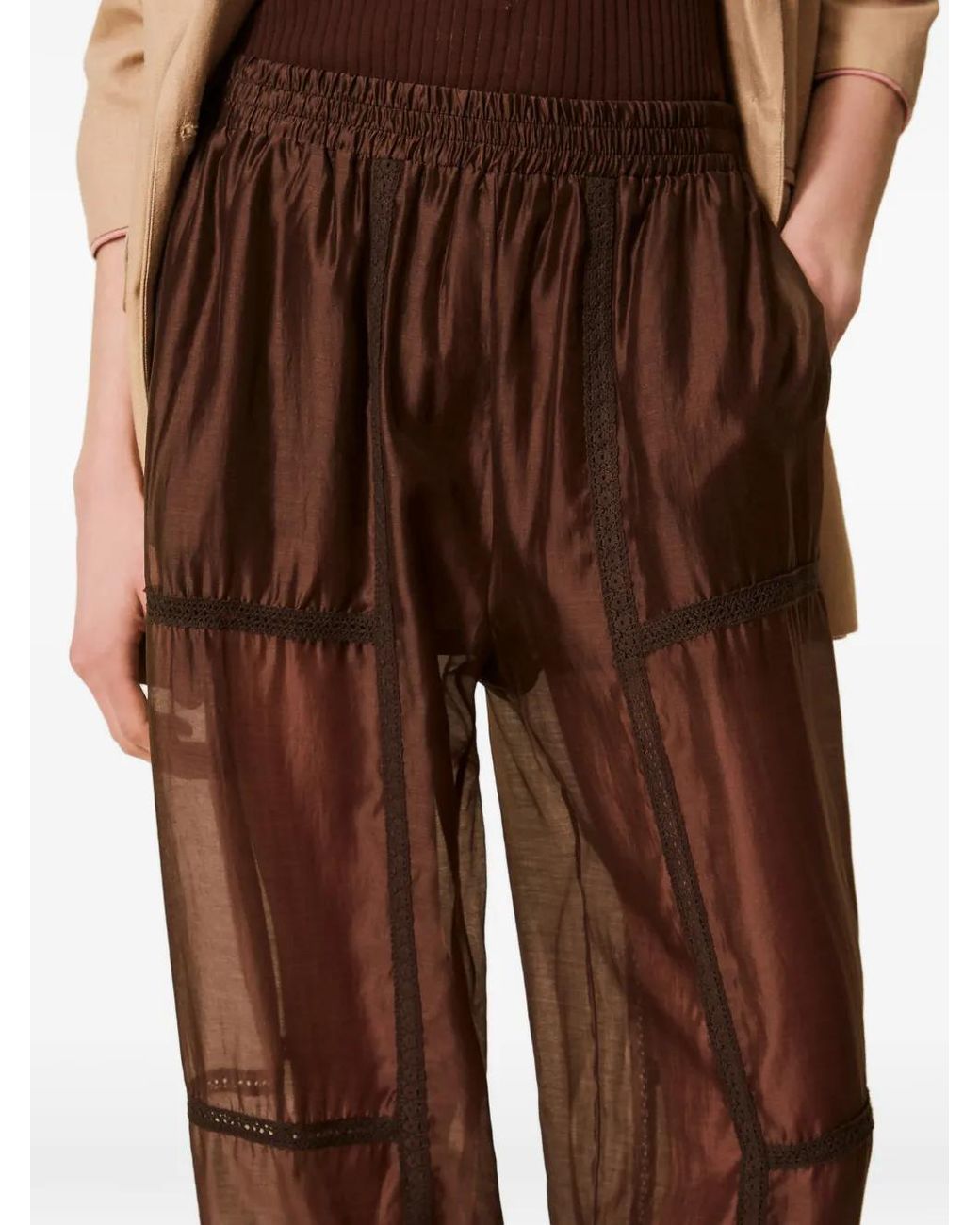 Twinset Brown Voile Joggers With Lace
