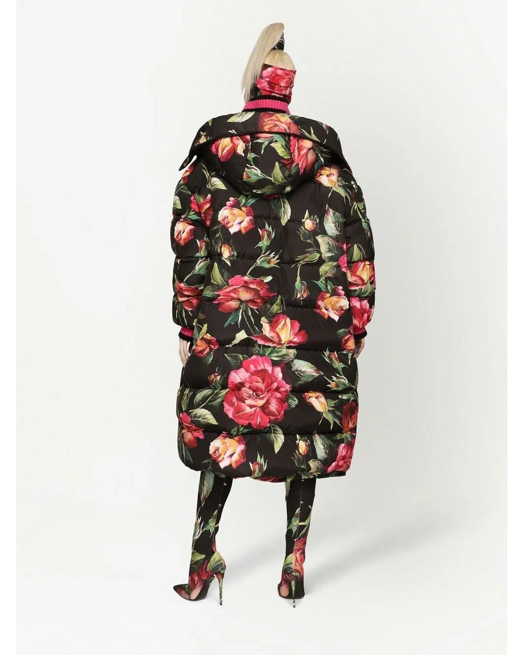 Dolce & Gabbana Red Long Nylon Down Jacket With Rose Print