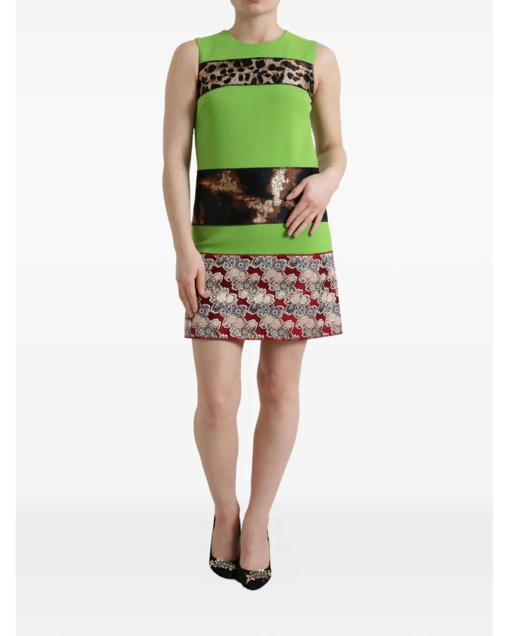 Dolce & Gabbana Green Panelled Leopard-Print Mini Dress