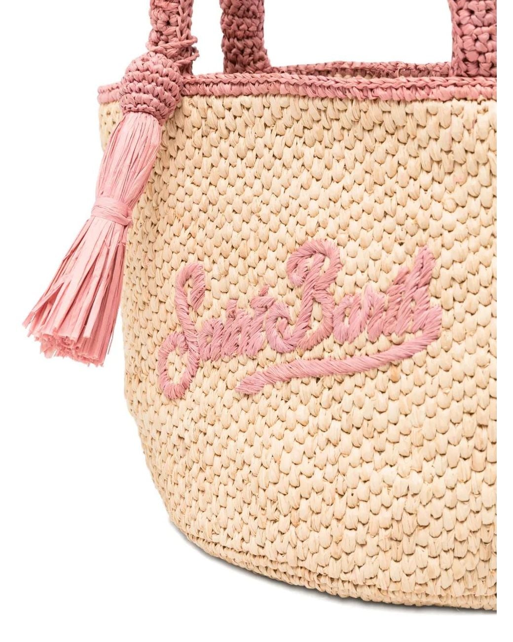 Mc2 Saint Barth Pink Marcy Medium Raffia Bag With Details And Embroidered Logo