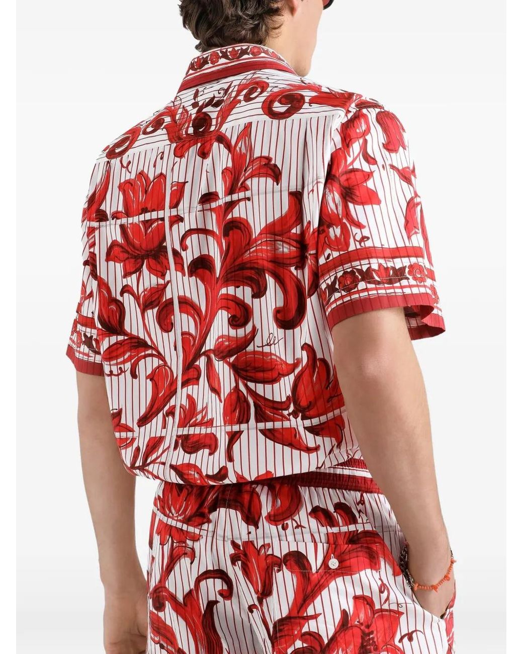 Dolce & Gabbana Red Majolica-Print Striped Poplin Hawaii Shirt for men