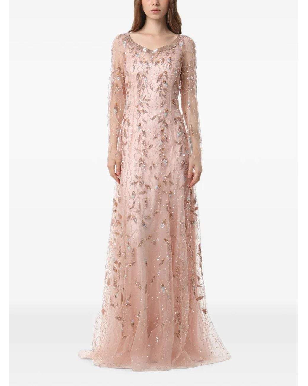 Dina Melwani Pink Crystal-Embellished Vine-Embroidered Maxi Dress