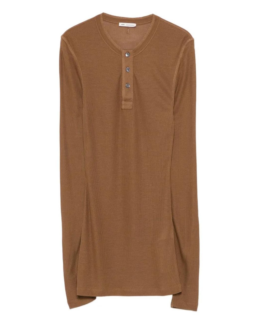 AMI Brown Ribbed Henley Top