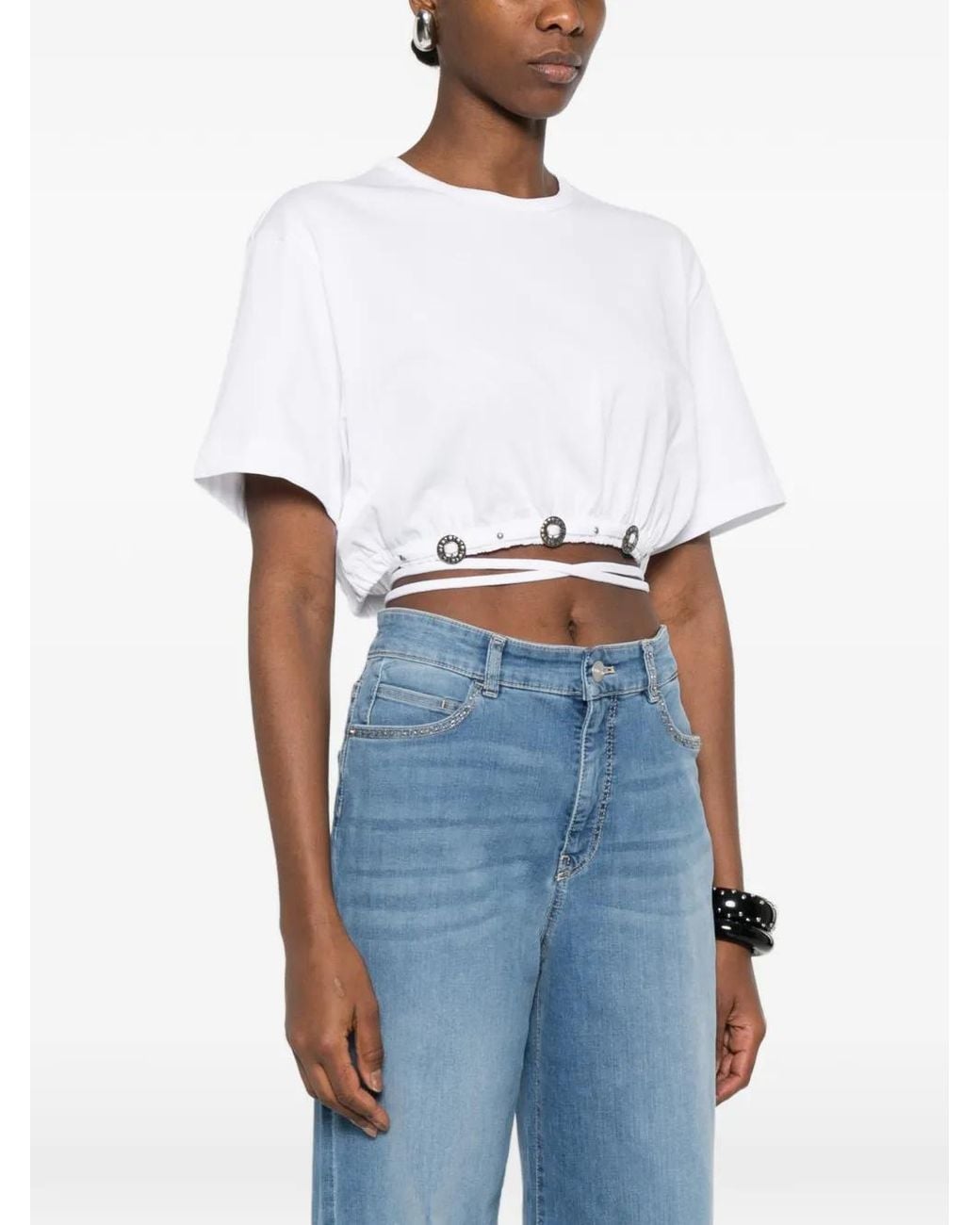 Pinko White Cropped T-Shirt With Lace And Texan Details