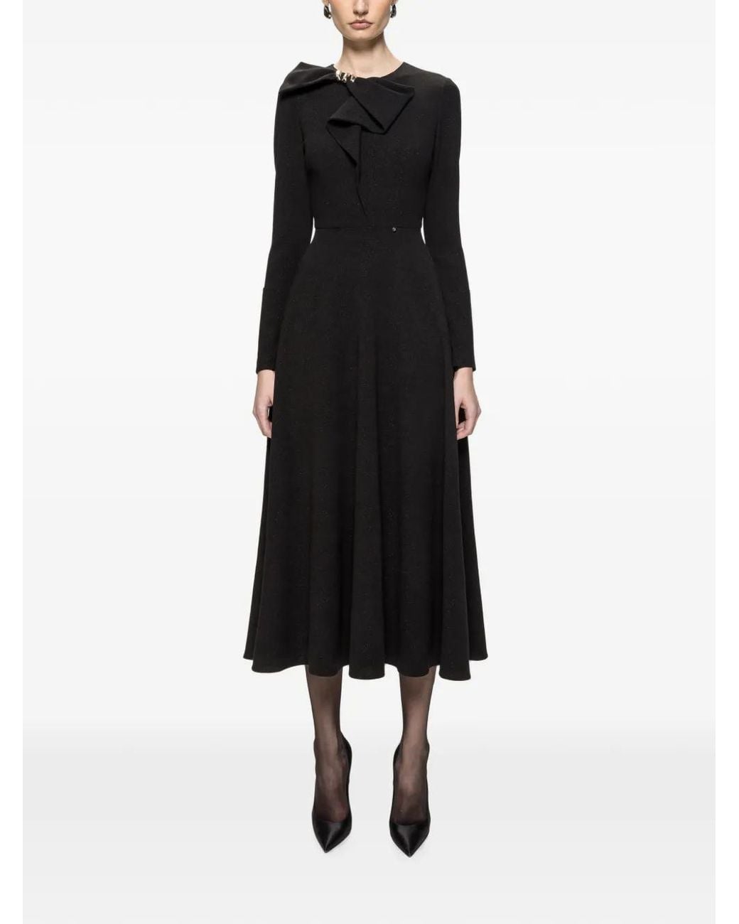 Nissa Black Lurex Crepe Bow-Detail Midi Dress