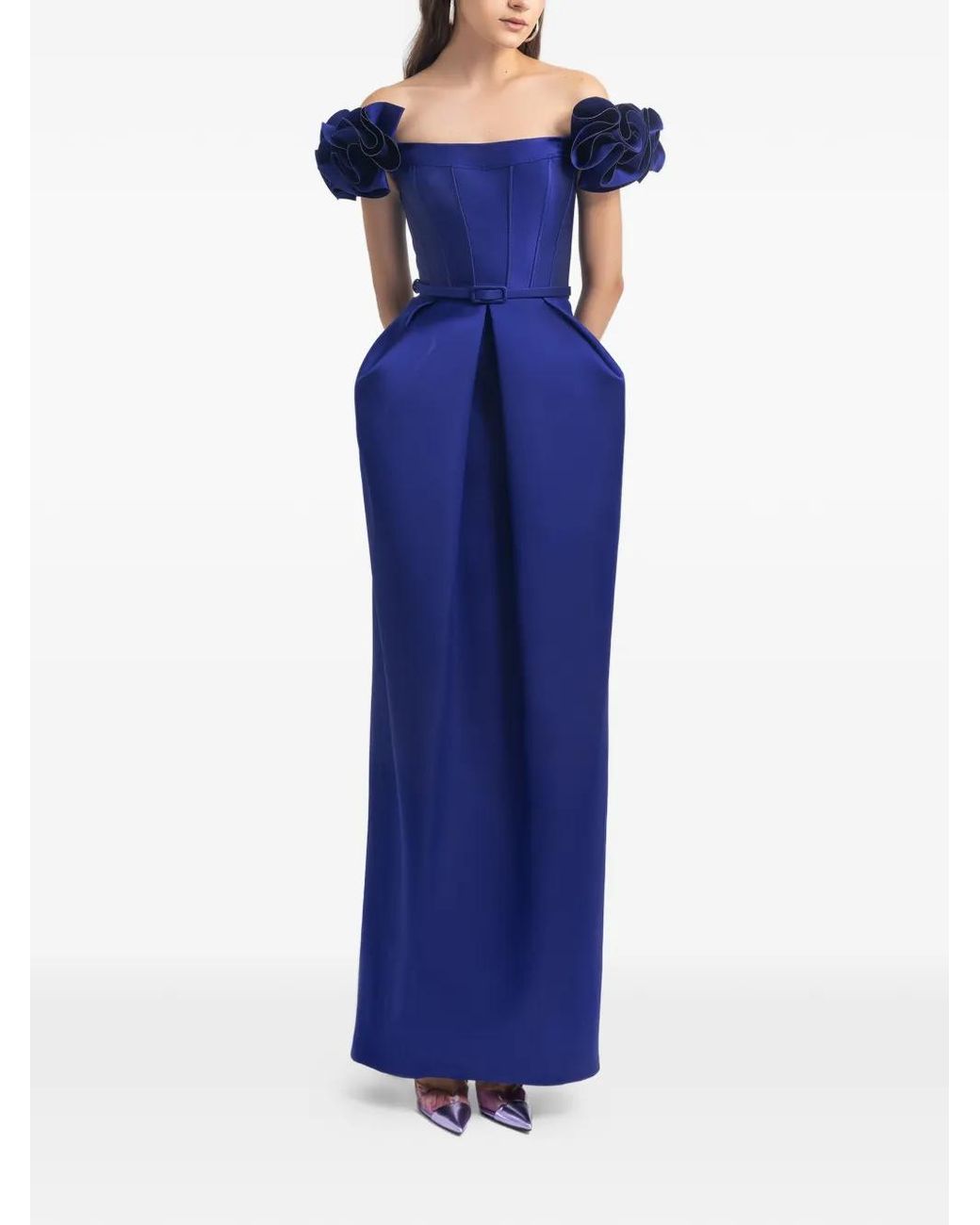 Gemy Maalouf Blue Ruffled Structured Maxi Dress